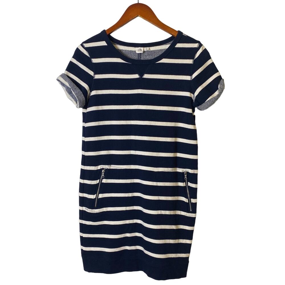 Gap Navy and White Nautical Striped Sweatshirt Mini Dress Zipper Pockets Size XS
